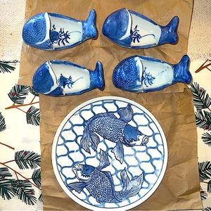 Antique Japanese Koi fish porcelain Bowl SET Vandor Blue  Design Ceramic Plate